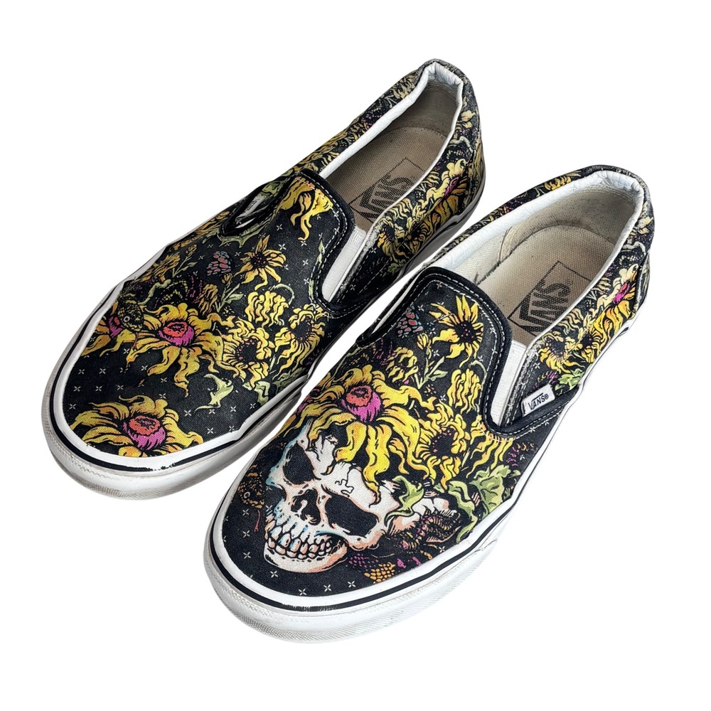 Vans Classic Slip On Black Skull Goth Skater Grunge Punk Streetwear Alt Mens 10